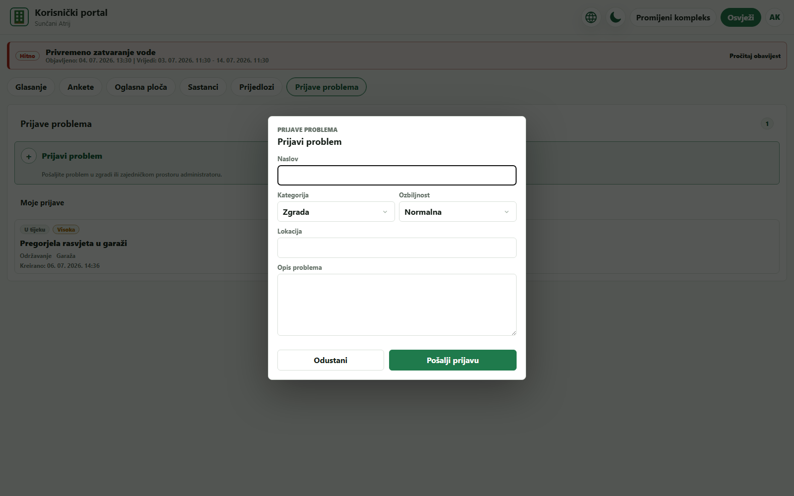 Issue report screen in the eZgrada portal