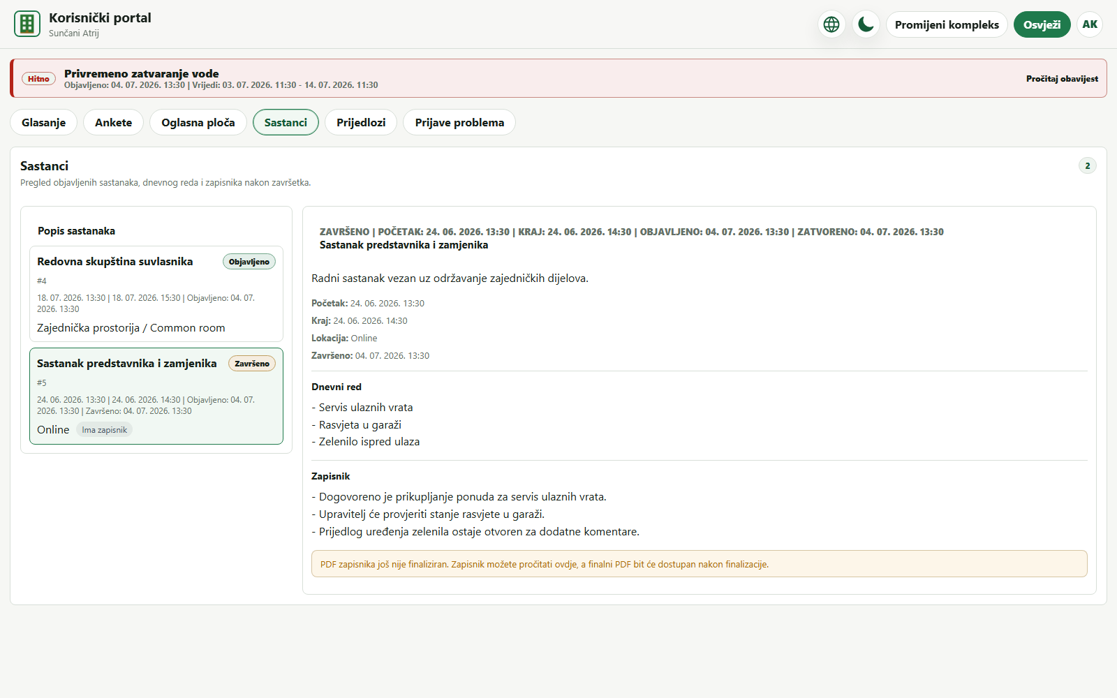 Meeting management screen in eZgrada